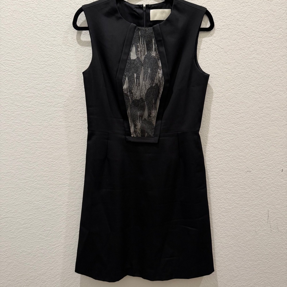 HONOR Black Silk Blend Lace Panel Sleeveless Sheath Dress Size 6